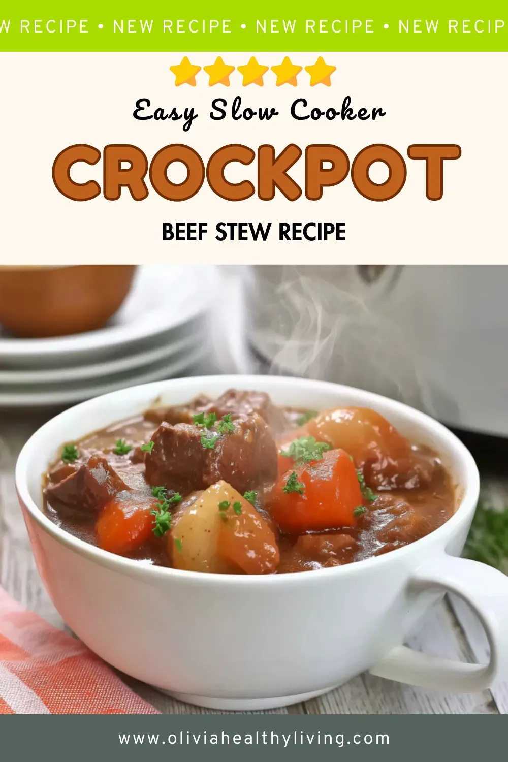 Easy slow cooker crockpot beef stew recipe with tender beef chunks, carrots, and potatoes in rich brown gravy, served in white bowl on rustic wood background