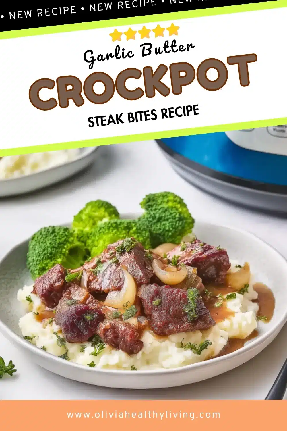 Close-up of garlic butter steak bites on mashed potatoes with broccoli florets, featuring tender beef chunks topped with sautéed onions and fresh parsley in brown gravy