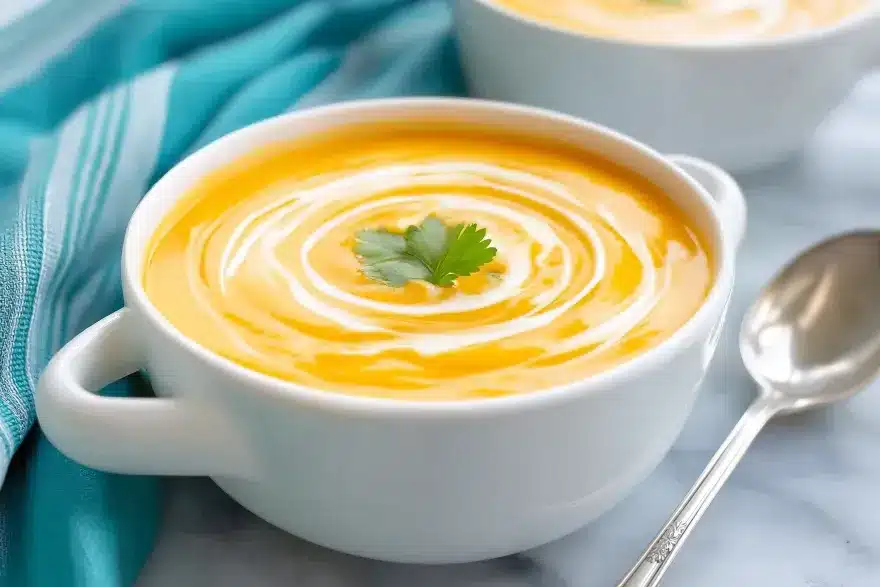 Professional food photography of sweet potato soup in white handled bowl with cream swirl design and cilantro leaf garnish, teal napkin and silver spoon beside bowl on white marble surface