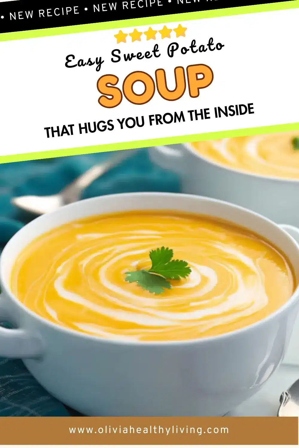 Vertical Pinterest graphic for Easy Sweet Potato Soup recipe with five-star rating and diagonal design elements, showcasing smooth golden soup with decorative cream swirl and fresh cilantro in white bowl
