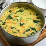 Overhead shot of completed chicken gnocchi soup in All-Clad stainless steel pot on wooden board with creamy golden broth, spinach, gnocchi, carrots, and white bowl in background