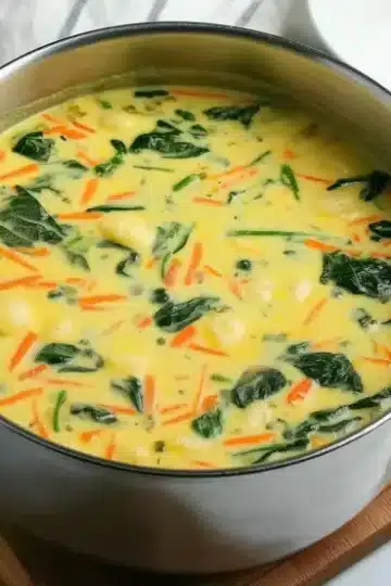 Overhead shot of completed chicken gnocchi soup in All-Clad stainless steel pot on wooden board with creamy golden broth, spinach, gnocchi, carrots, and white bowl in background