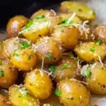 Pile of slow cooker garlic parmesan potatoes with visible butter coating, parmesan cheese shavings, and chopped fresh parsley on white parchment paper