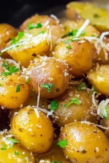 Pile of slow cooker garlic parmesan potatoes with visible butter coating, parmesan cheese shavings, and chopped fresh parsley on white parchment paper
