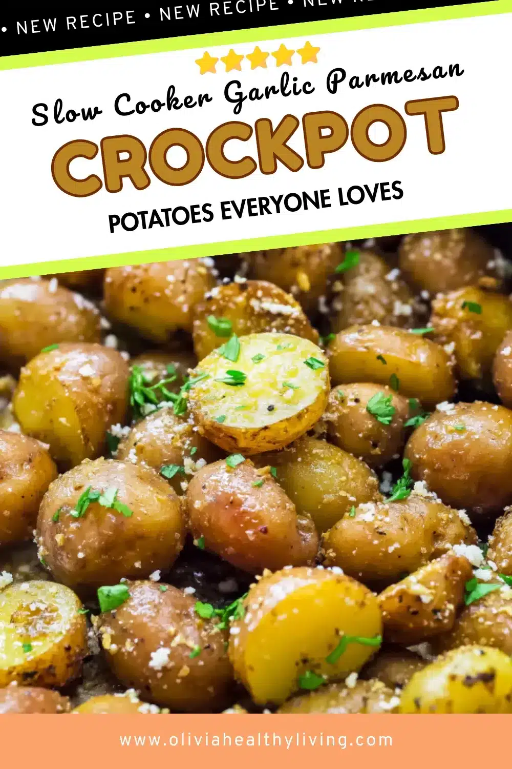 Golden Yukon Gold potatoes coated in garlic butter and parmesan cheese with fresh parsley garnish, with black and green diagonal NEW RECIPE banner overlay