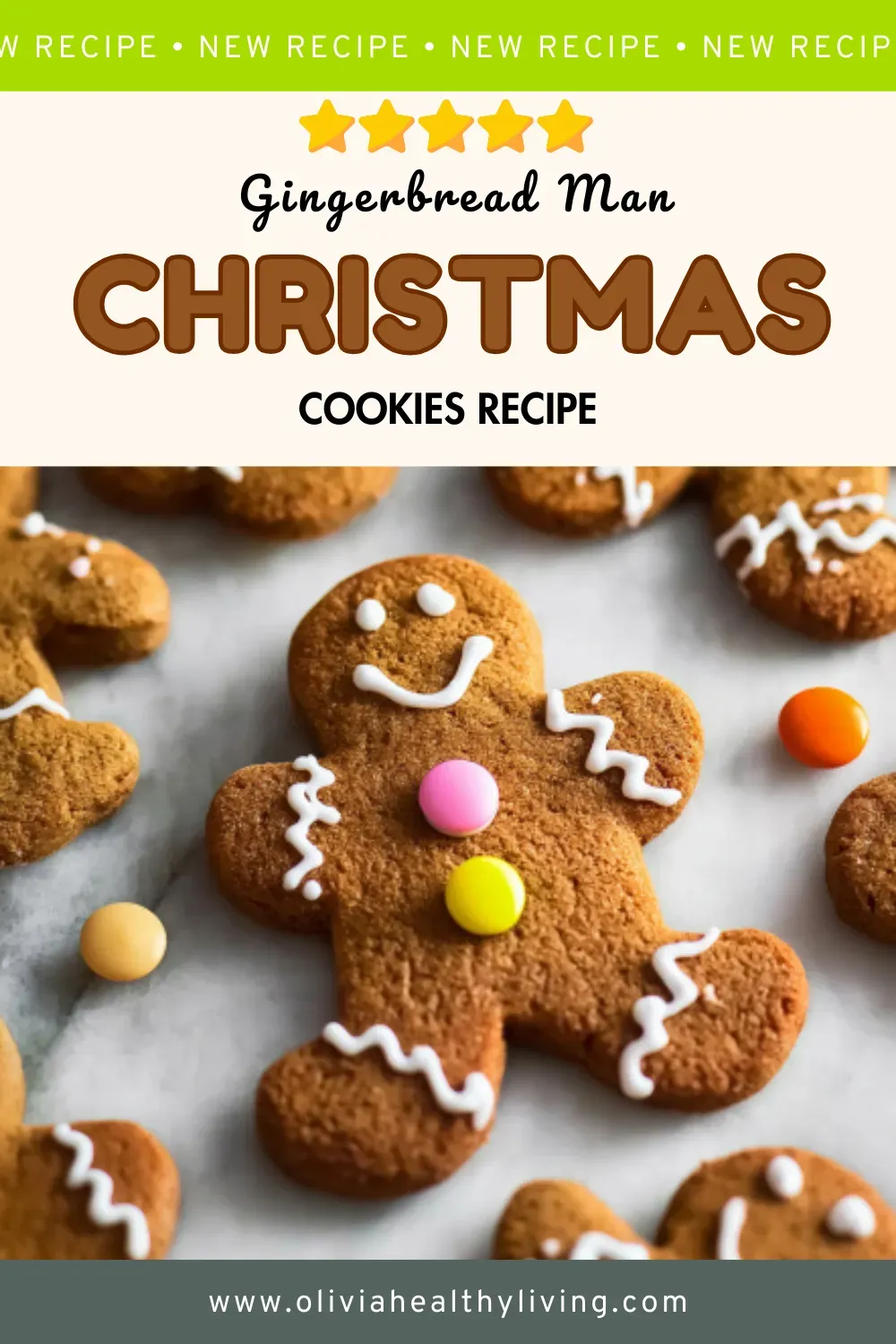 Decorated gingerbread man cookies with white royal icing and colorful candy buttons on a white surface