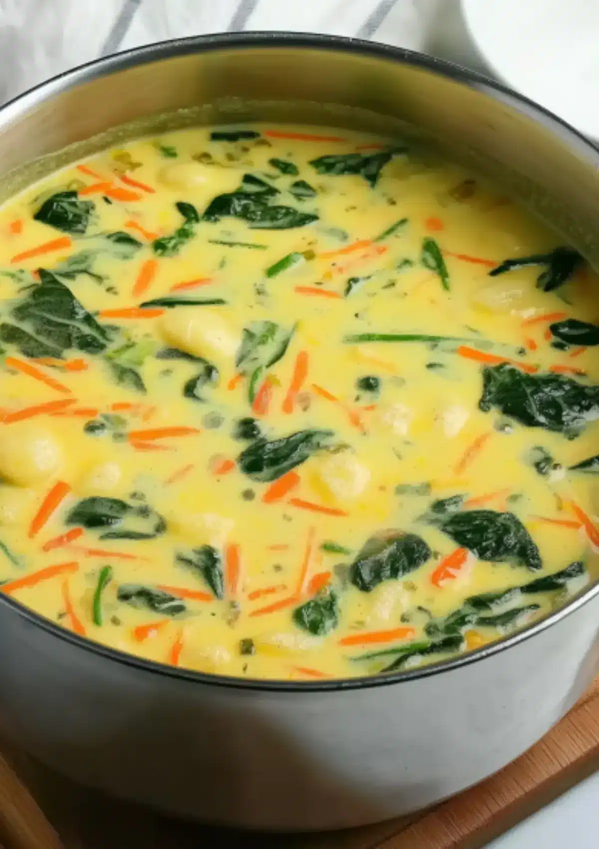 Close-up angled shot of chicken and gnocchi soup in pot with rich golden yellow creamy broth, dark green spinach ribbons, and bright orange julienned carrots on wooden cutting board