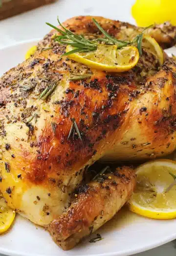 Golden roasted whole chicken with lemons and rosemary