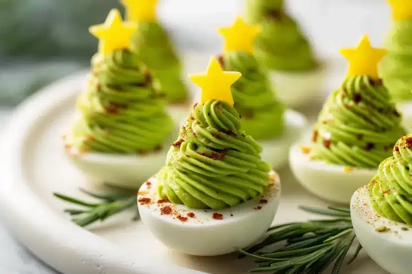 Multiple Christmas tree deviled eggs with green avocado filling arranged on white plate, each topped with yellow star and sprinkled with red pepper flakes