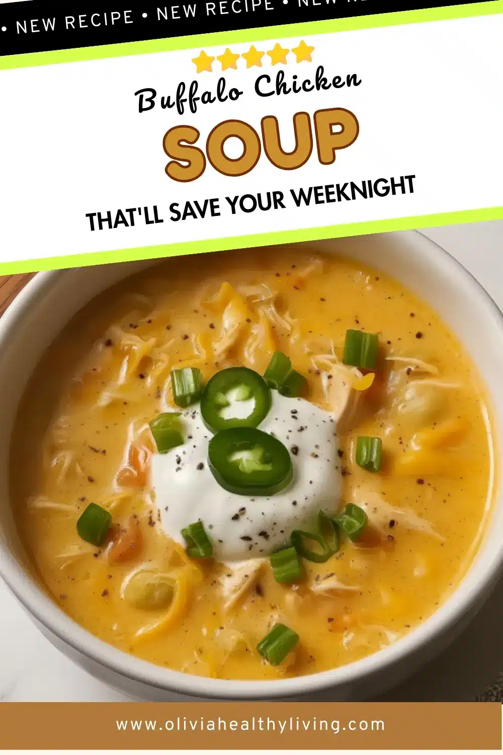 Close-up of buffalo chicken soup in white bowl garnished with sour cream, fresh jalapeño slices, and chopped green onions