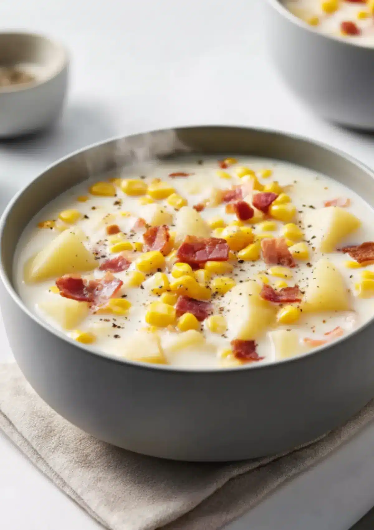 Close-up of corn chowder soup in modern gray ceramic bowl showing creamy texture with bacon, corn, and potato pieces on white surface
