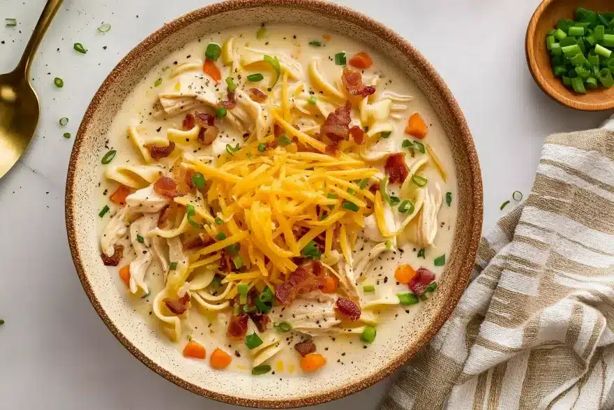 Rustic bowl of crack chicken noodle soup on marble surface with wooden bowl of green onions in background, topped with cheddar cheese, bacon, carrots, and black pepper