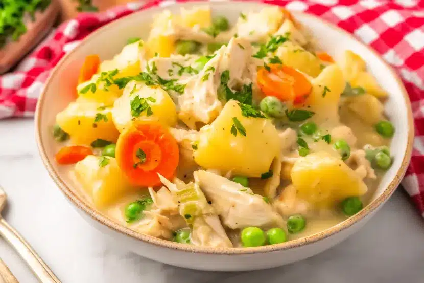 Rustic bowl of chicken stew with large potato chunks, carrot slices, peas, and tender chicken in rich broth