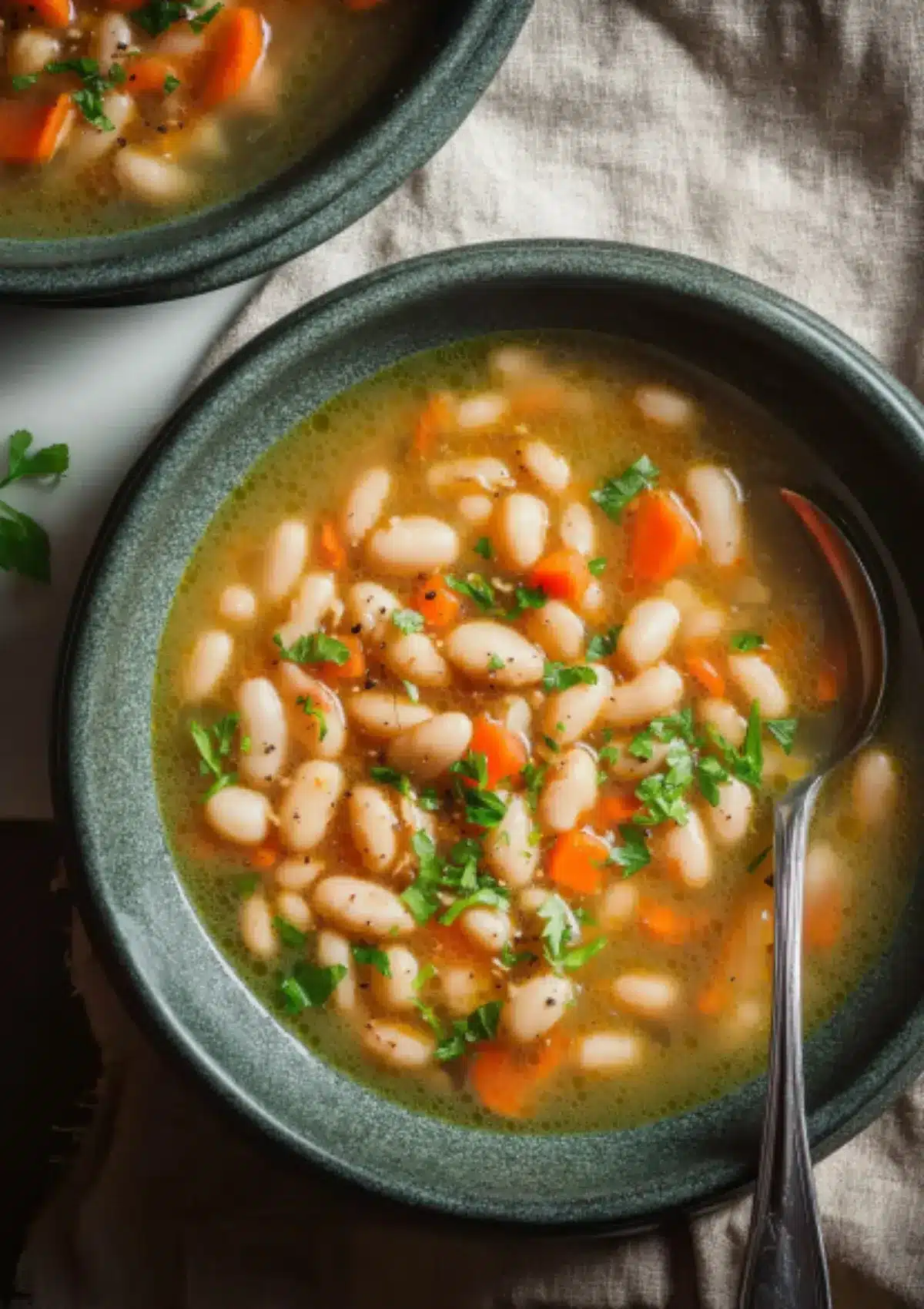 Close-up of homemade white bean soup in dark green ceramic bowl showing plump cannellini beans, orange carrot chunks, and fresh parsley in aromatic golden broth with spoon
