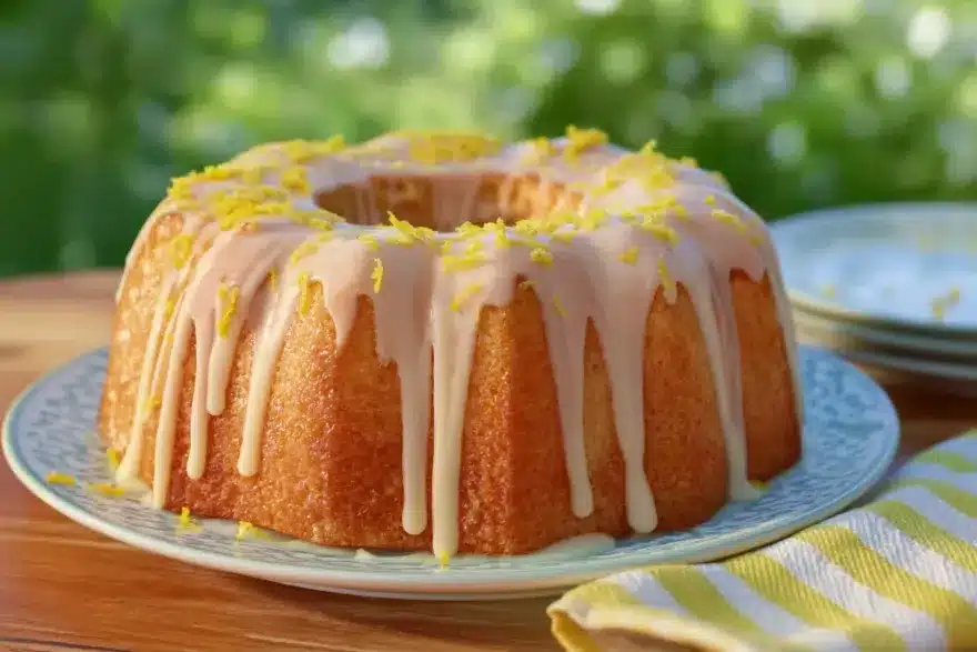Horizontal photo of a full lemon pound cake baked in a bundt pan, coated with dripping lemon glaze and sprinkled with zest, sitting on a patterned plate with stacked plates and a yellow striped napkin nearby.