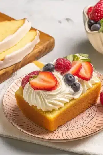 Slice of lemon pound cake topped with whipped cream, strawberries, raspberries, and blueberries, with the loaf in the background.