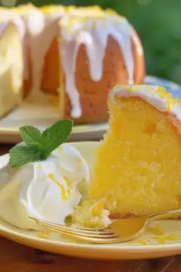 Horizontal image of a thick slice of lemon pound cake with lemon glaze on a yellow plate, served with whipped cream and mint, with the rest of the glazed bundt cake on a plate in the background on a wooden table.