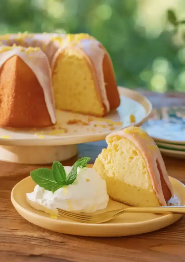 Vertical image of a slice of lemon pound cake with lemon glaze on a yellow plate next to a dollop of whipped cream garnished with fresh mint, with the remaining bundt cake on a cake stand in the background.