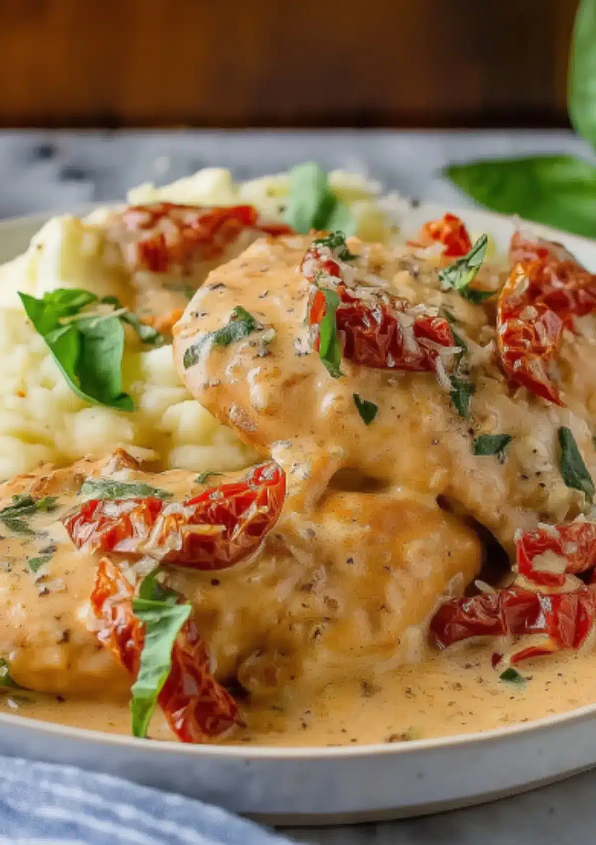 Detailed view of marry me chicken showing creamy sauce texture, vibrant red sun-dried tomatoes, fresh basil ribbons, and black pepper seasoning with mashed potatoes