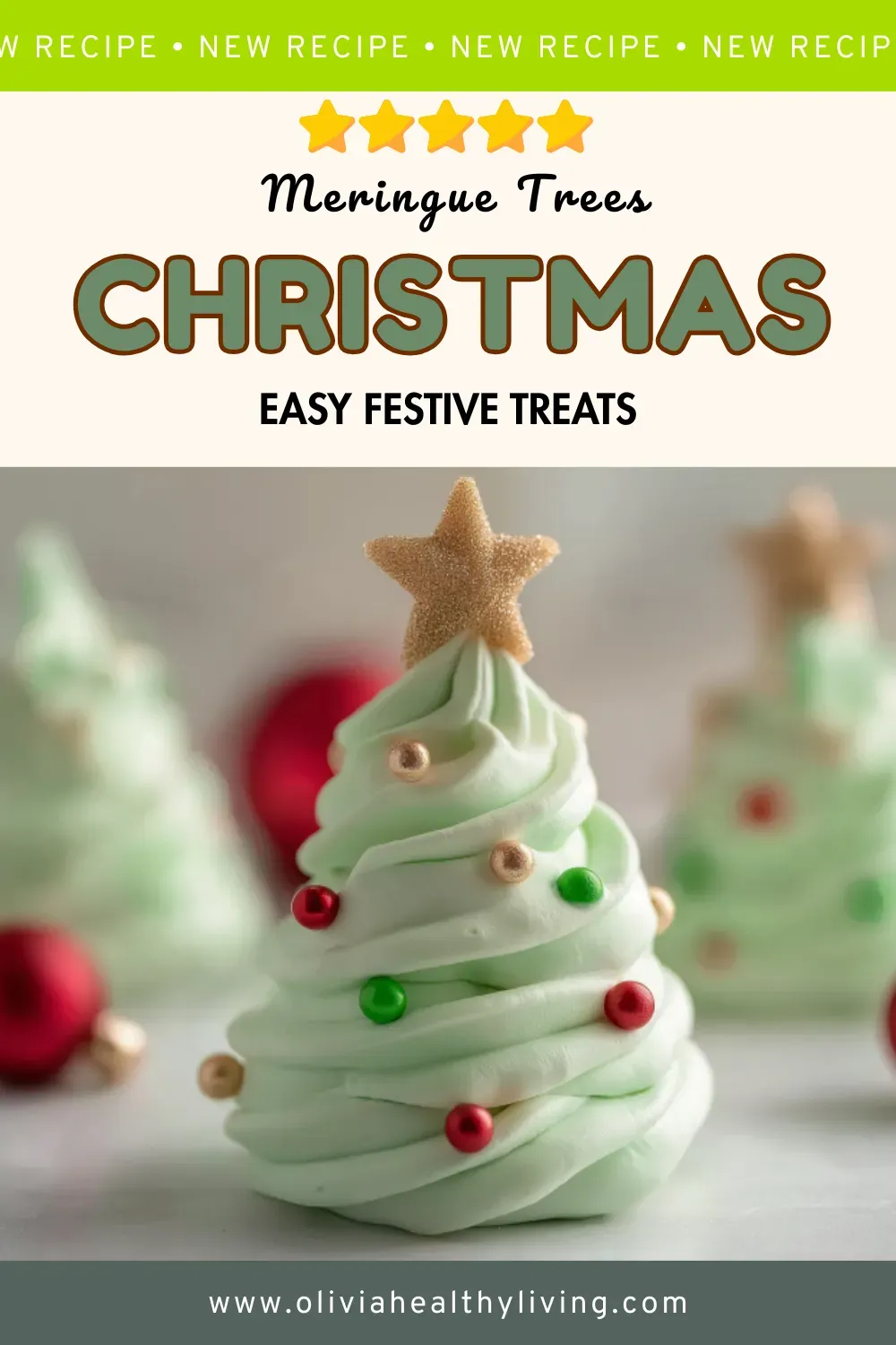 Green meringue Christmas trees with colorful sprinkle ornaments and gold star toppers on white surface with red ornaments in background