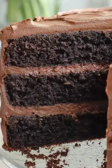 A side-angle shot of a three-layer chocolate cake with smooth chocolate frosting, with crumbs visible on the glass cake stand.