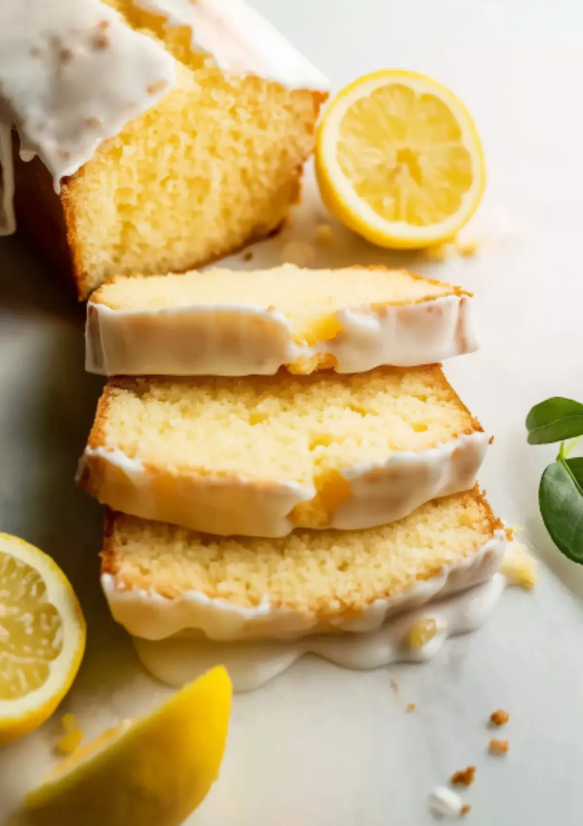 Overhead image of an iced lemon pound cake sliced on a white surface, surrounded by lemon wedges and green leaves for garnish.