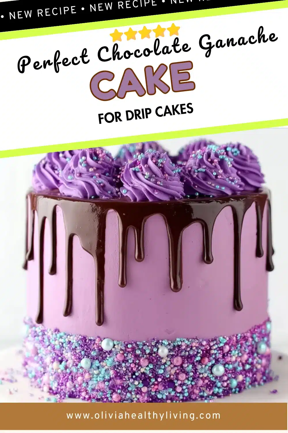 Beautiful purple layer cake with glossy chocolate ganache drips, purple buttercream swirls decorated with iridescent sprinkles, and colorful sprinkle mix coating the bottom third of the cake
