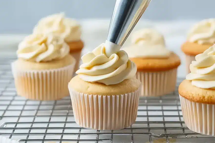 A piping bag applying smooth buttercream icing onto vanilla cupcakes set on a wire cooling rack.