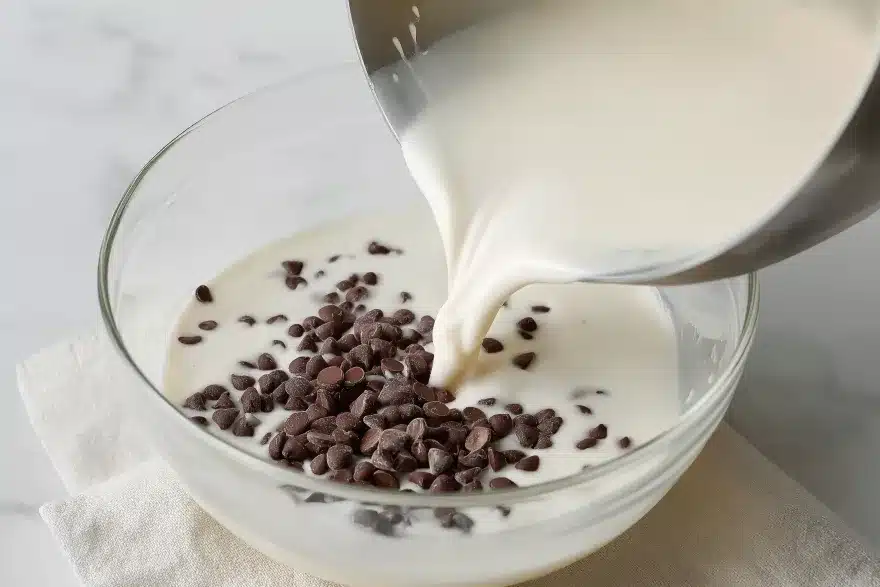 Hot heavy whipping cream being poured from stainless steel saucepan into clear glass bowl filled with chocolate chips, showing the first step of making chocolate ganache on white surface Retry