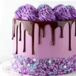 Side view of purple layer cake with chocolate ganache drips, purple buttercream rosettes with pearl sprinkles on top, and thick colorful sprinkle border at the bottom on white cake stand