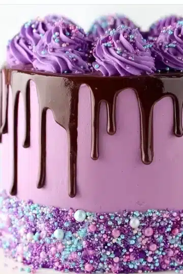 Side view of purple layer cake with chocolate ganache drips, purple buttercream rosettes with pearl sprinkles on top, and thick colorful sprinkle border at the bottom on white cake stand