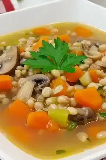 Square white bowl filled with mushroom barley soup containing pearl barley, diced carrots, celery chunks, and sliced mushrooms in golden chicken broth with parsley garnish Each title and alt text is optimized for SEO while accurately describing the visual content of the soup images.RetryClaude can make mistakes. Please double-check responses.