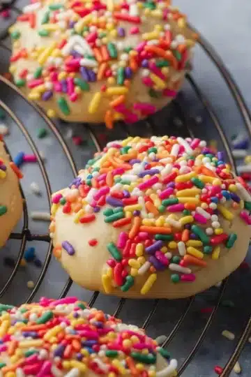 Artistic close-up of rainbow sprinkle-covered sugar cookies on circular black wire cooling rack with scattered jimmies on grey background