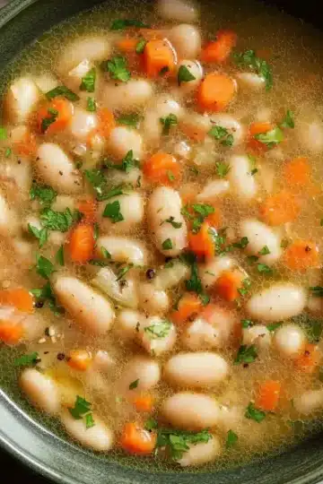Really Good White Bean Soup in rustic green bowl with tender white cannellini beans, bright orange carrots, fresh chopped parsley, and olive oil sheen in savory golden broth with silver spoon