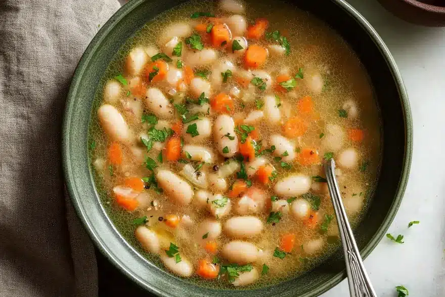 Really Good White Bean Soup in rustic green bowl with tender white cannellini beans, bright orange carrots, fresh chopped parsley, and olive oil sheen in savory golden broth with silver spoon