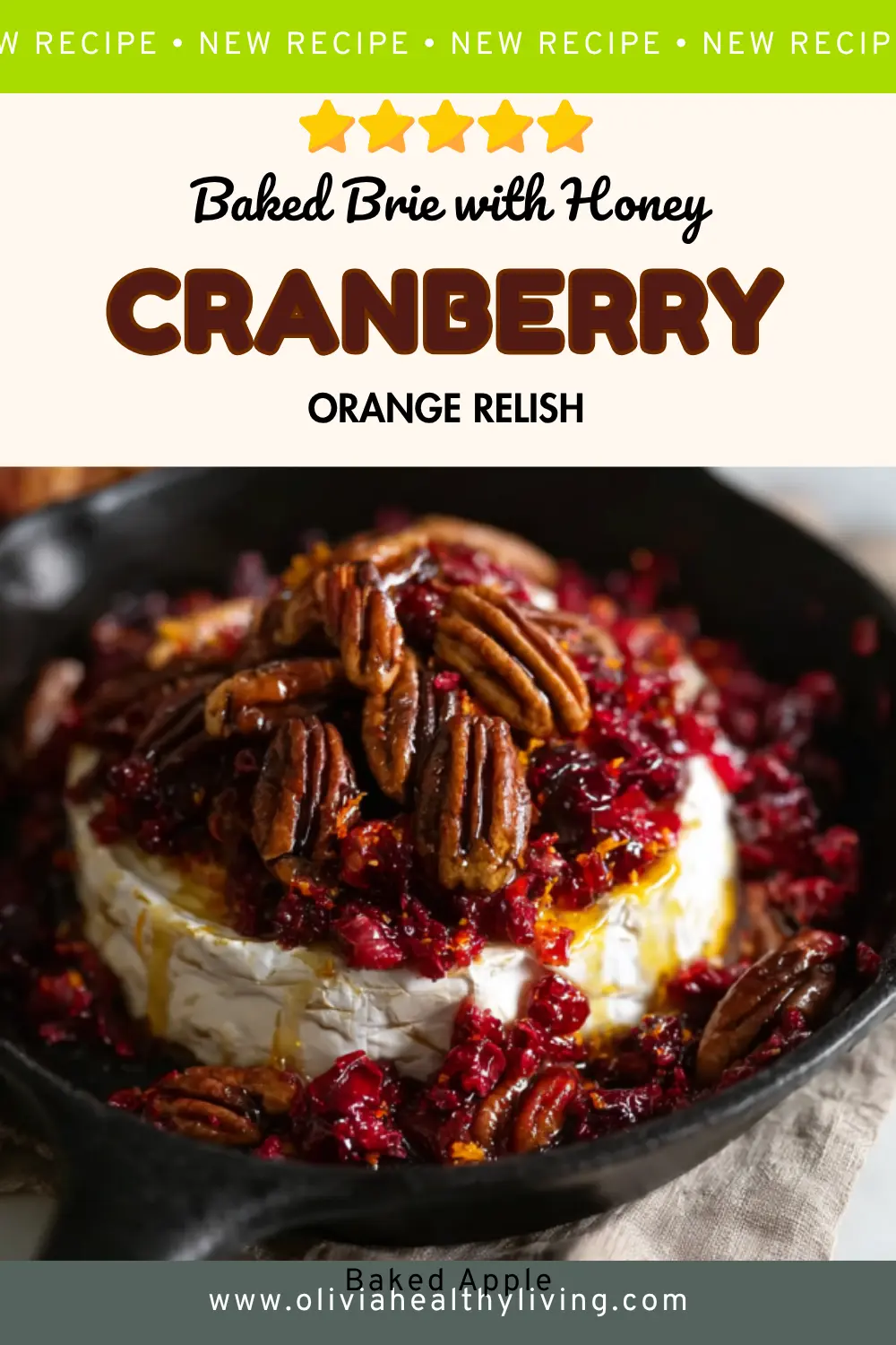 Recipe pin for baked brie with honey cranberry orange relish