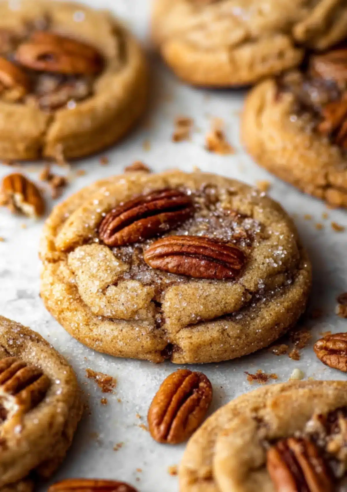 Single brown butter pecan cookie with crinkled edges