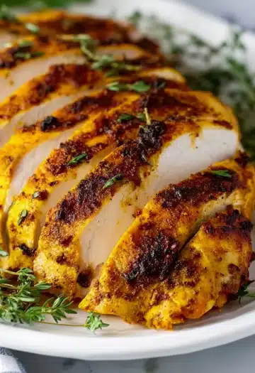 Close-up of perfectly sliced turkey breast with herb seasoning on white serving platter
