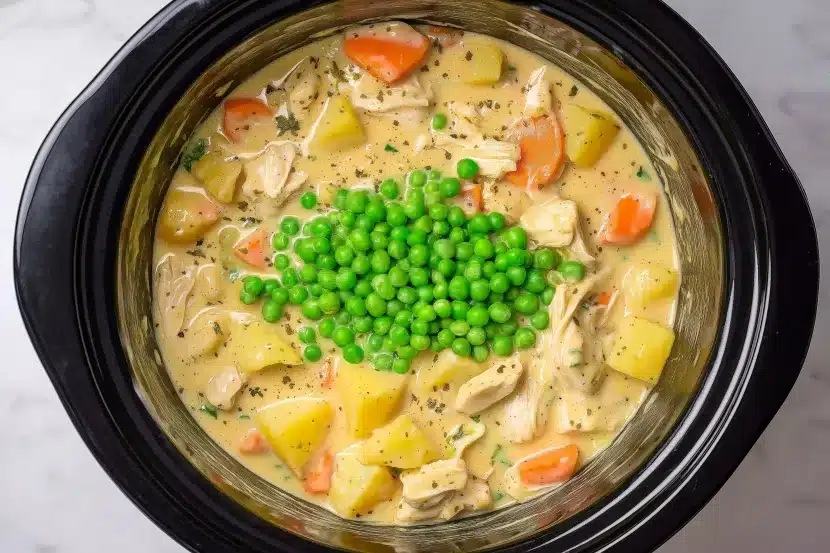Chicken stew inside slow cooker with bright green peas arranged in center, surrounded by potatoes, carrots, and chicken