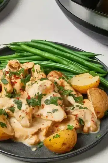 Slow cooker parmesan garlic chicken and potatoes dinner presentation on a dark gray plate with fresh green beans, stainless steel crockpot visible in background on white marble countertop