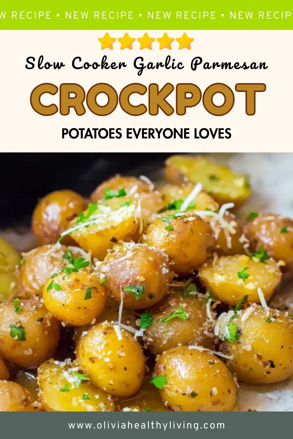 Slow cooker garlic parmesan potatoes with melted butter, fresh parsley, and grated parmesan cheese in a crockpot, featuring a green NEW RECIPE banner and 5-star rating