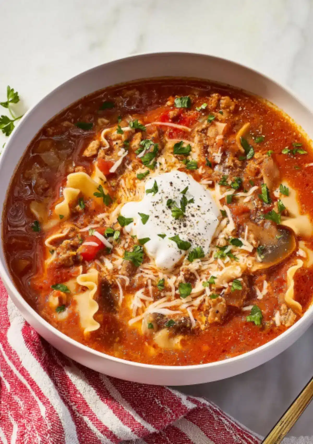 Bowl of homemade lasagna soup with visible lasagna noodles, ground beef crumbles, mushroom slices, diced tomatoes, topped with ricotta cheese, mozzarella, and fresh parsley on red striped kitchen towel