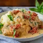 Marry me chicken breasts covered in creamy parmesan sauce with sun-dried tomatoes and fresh basil leaves, plated with mashed potatoes and blue striped kitchen towel visibleRetry