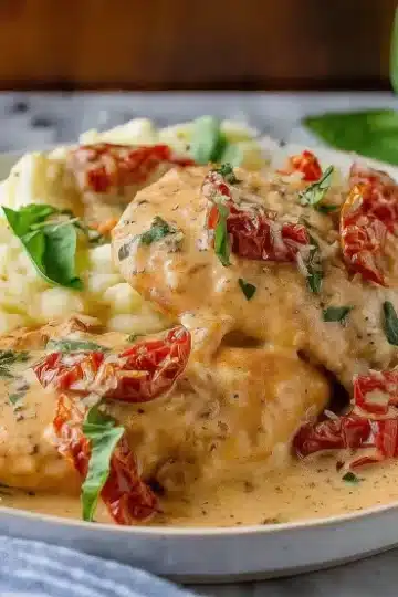 Marry me chicken breasts covered in creamy parmesan sauce with sun-dried tomatoes and fresh basil leaves, plated with mashed potatoes and blue striped kitchen towel visibleRetry
