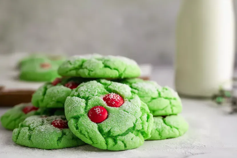 Pile of bright green Grinch cookies with red M&M hearts and crackled powdered sugar coating with milk