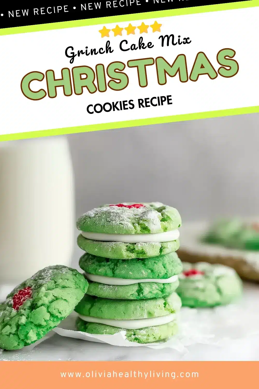 Tower of green Grinch sandwich cookies with white cream filling and red sprinkles next to glass of milk