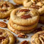 Stacked brown butter pecan cookies side view