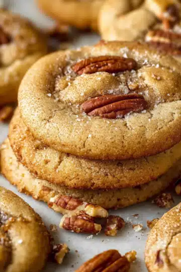 Stacked brown butter pecan cookies side view