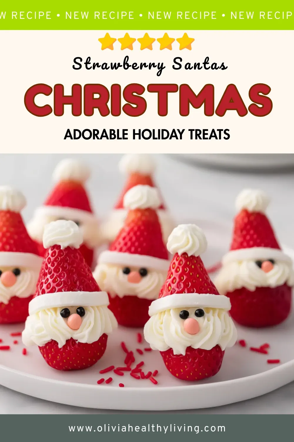 Pinterest pin featuring Strawberry Santas recipe with title text, 5-star rating, and photo of cute strawberry Santa desserts arranged on white plate with red sprinkles