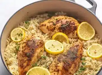 Bird's eye view of One Pot Lemon Herb Chicken and Rice showing three herb-crusted chicken breasts with Italian seasoning and black pepper, surrounded by fluffy white rice and fresh lemon slices in cream-colored enameled Dutch oven with gray handles